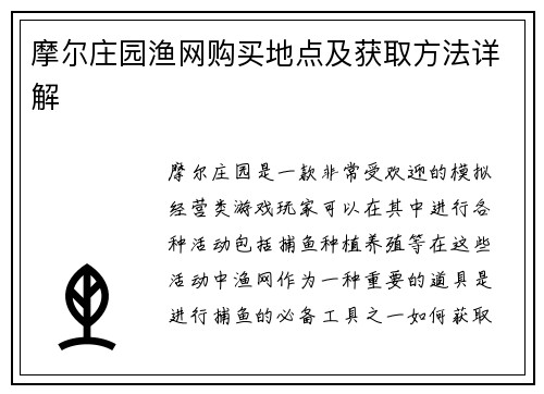 摩尔庄园渔网购买地点及获取方法详解